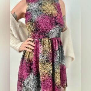 Vintage 90s moon Multicolor Abstract Fit & Flare Sleeveless Dress Scoop Neck S